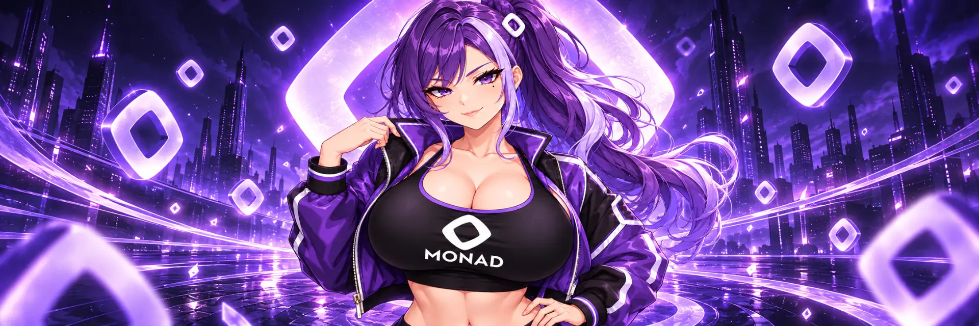 MON character cinematic banner in purple light