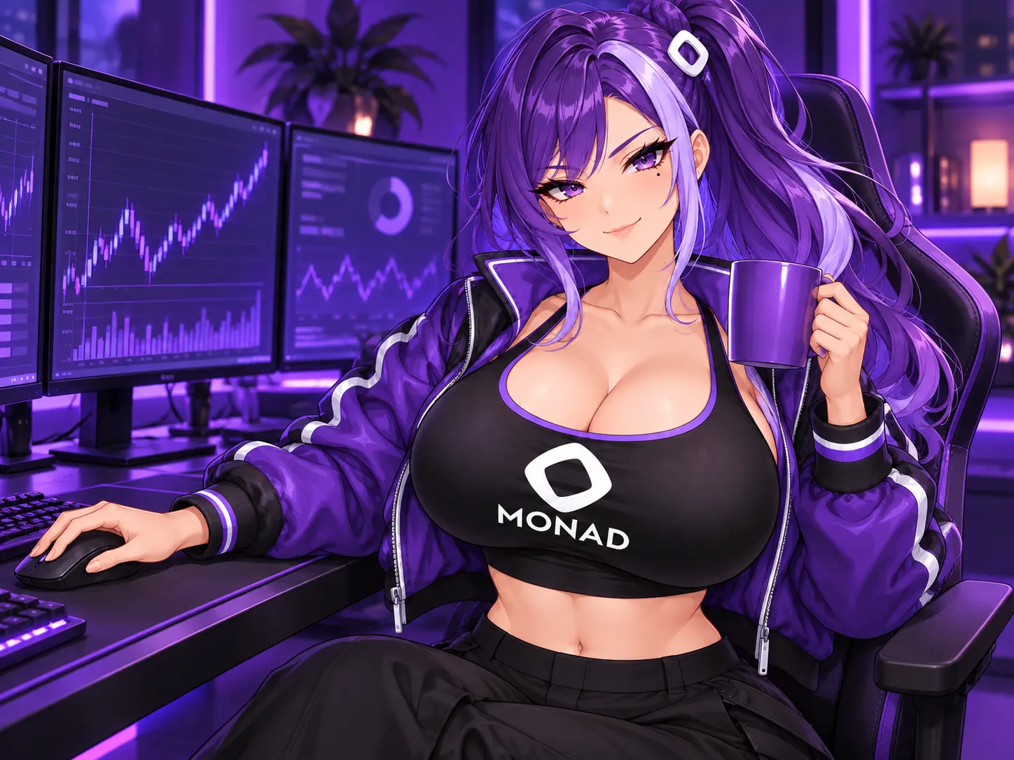 MON character at a trading desk holding a purple mug beside chart monitors