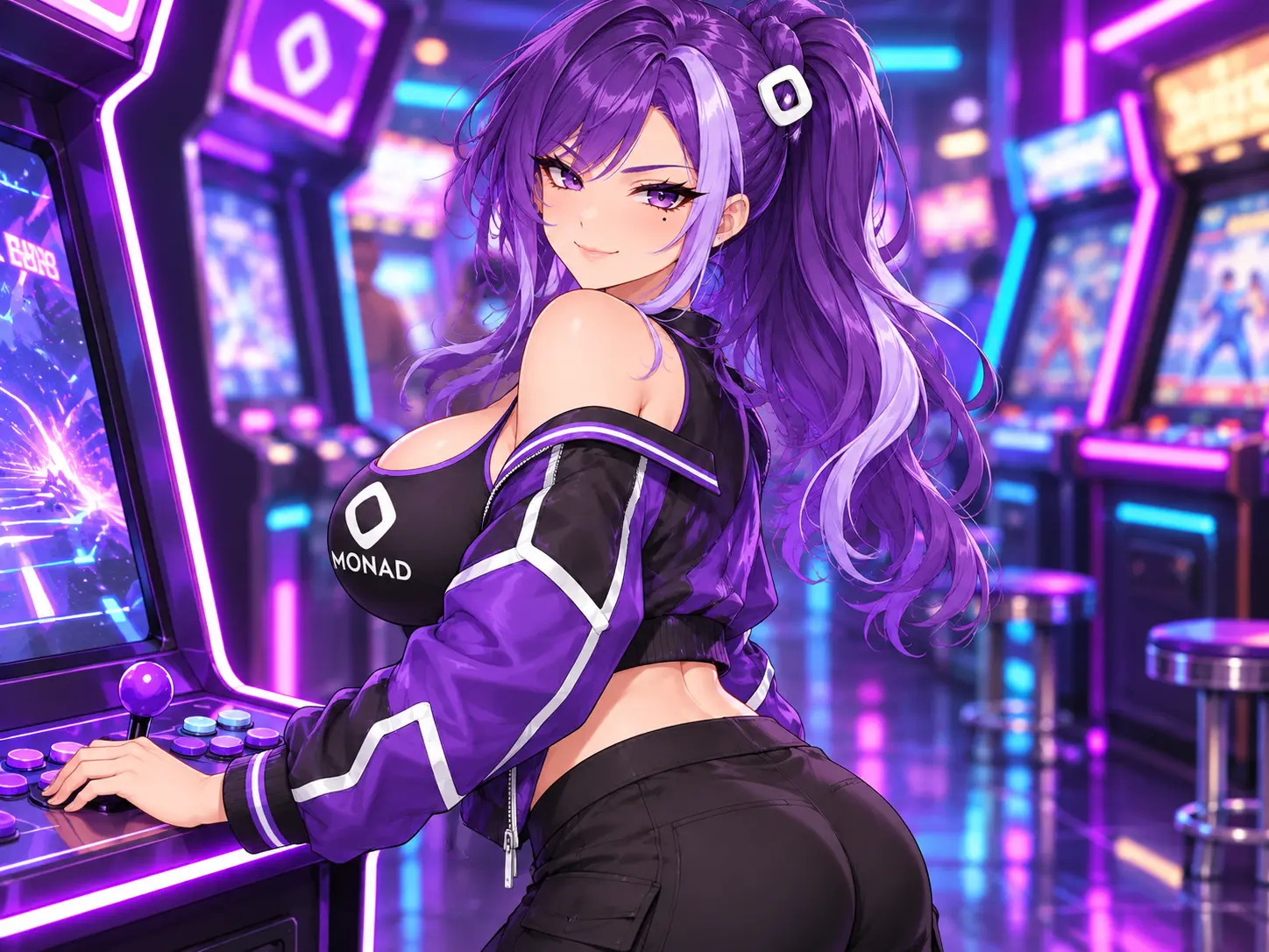 MON character playing an arcade cabinet in a neon arcade